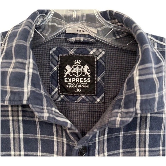 EXPRESS Men's Blue Plaid Long Sleeve Button Up Shirt Lined Sz Large 100% Cotton - Picture 2 of 9